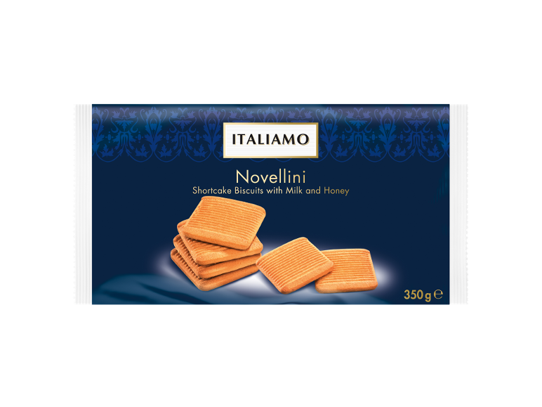 Shortcake biscuits with milk and honey in a blue package with a decorative pattern.