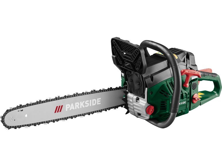 Green and black chainsaw with a long silver blade and chain.