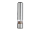 Stainless steel electric pepper grinder with a transparent section, filled with mixed peppercorns.