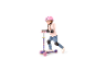 Girl with a pink helmet and protectors, standing on a purple and pink scooter.