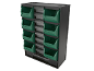 Storage organizer with green bins and clear compartments.