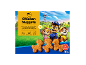 Dog-shaped chicken nuggets with cartoon characters and cooking instructions.