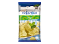 Greek style oregano flavour crisps, served on a plate, with white Greek architecture in the background.