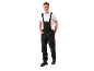 Man in black work overalls with orange details and a white t-shirt.