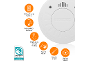 White smoke detector with feature icons: 10-year battery, low battery indicator, test button, easy clean, easy install, optical sensor, and quality mark.