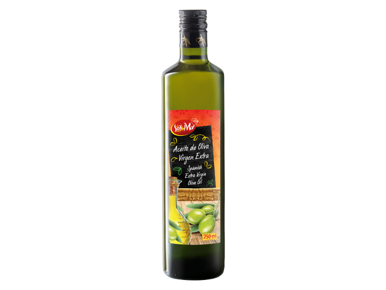 Bottle of extra virgin olive oil with a label showing olives and a small bottle of oil, 750 ml.