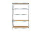 Five-tier metal shelving unit with wooden boards on a black background.