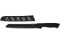 Black serrated bread knife with a black handle and a protective sheath.