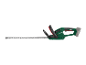 Green electric hedge trimmer with a battery and a metal cutting blade.