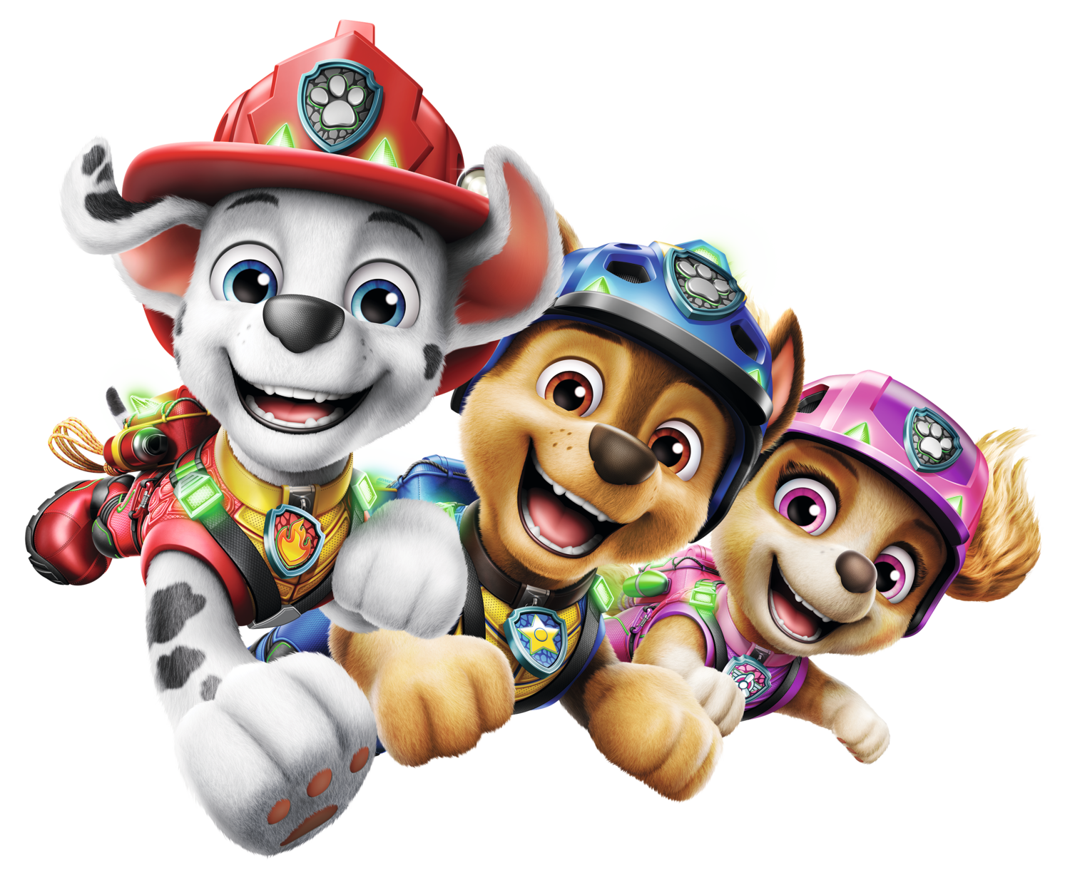 Three smiling puppies with helmets and paw emblems.