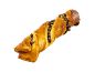 Golden twisted pastry with chocolate chips on a black background.