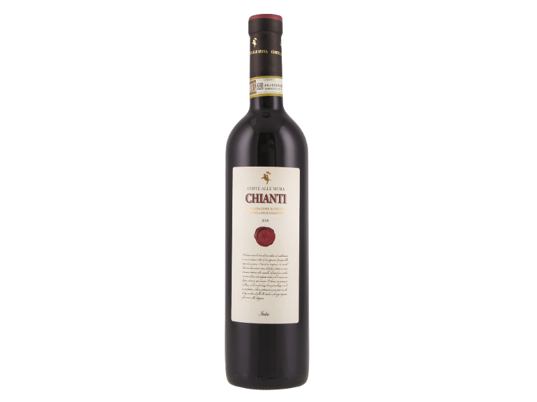 A bottle of 2016 Chianti red wine with a label reading 'Corte Alle Mura'.