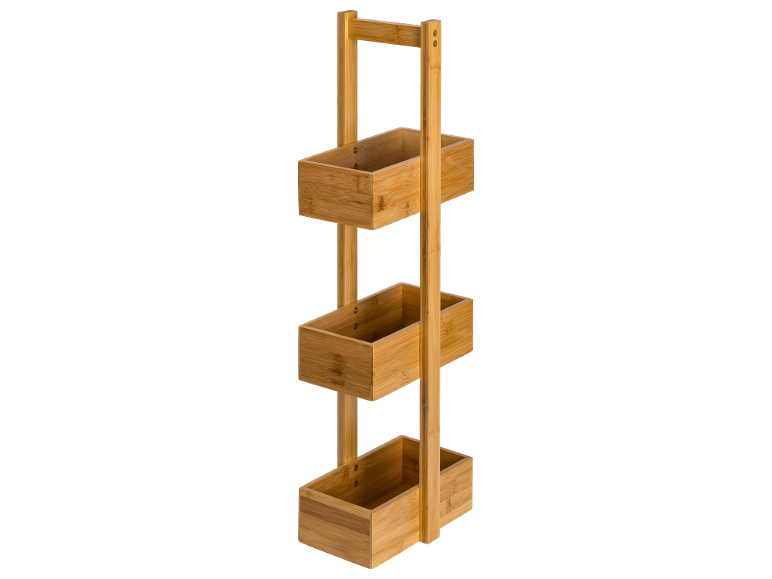 Bamboo three-tier shelf with rectangular storage baskets.