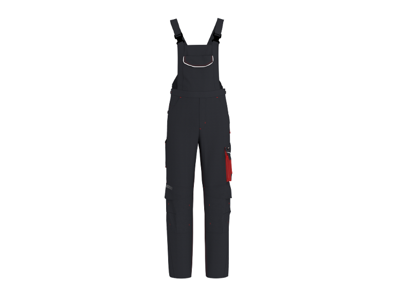 Dark grey overalls with red stitching and accents, including pockets and adjustable straps.