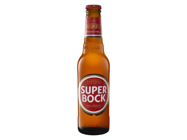 Lager beer bottle with a red and gold label, featuring the text 'Sabor Autêntico'.