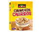 Box of cinnamon churros cereal, bowl with cereal and milk, cinnamon sticks.
