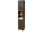 Tall bathroom cabinet in dark grey with wooden accents, open shelves, and closed storage.