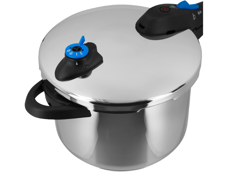 Metal pressure cooker with lid and black handle
