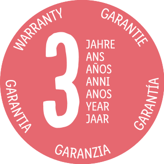 3-year warranty seal in multiple languages.