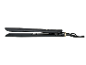 Black hair straightener with gold accents and cord, side view.