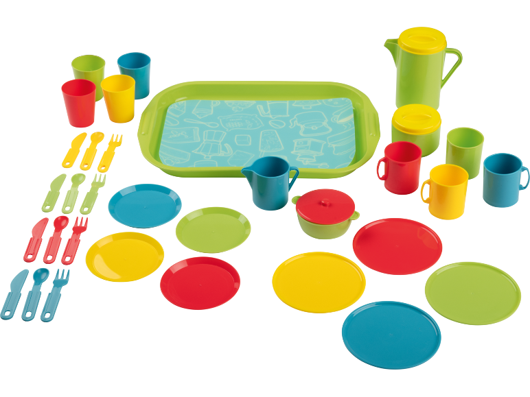 Colorful toy tea set with plates, cups, cutlery, a tray, and a teapot.