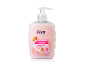 Handwash with almond and moisturising properties in a pink pump bottle.