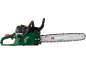 Green and black chainsaw with a silver bar, featuring text and icons.