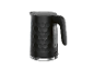 Black electric kettle with honeycomb texture and water level indicator.