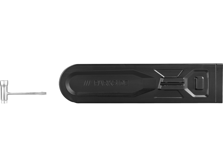 Wrench and black tool case with an embossed pattern.