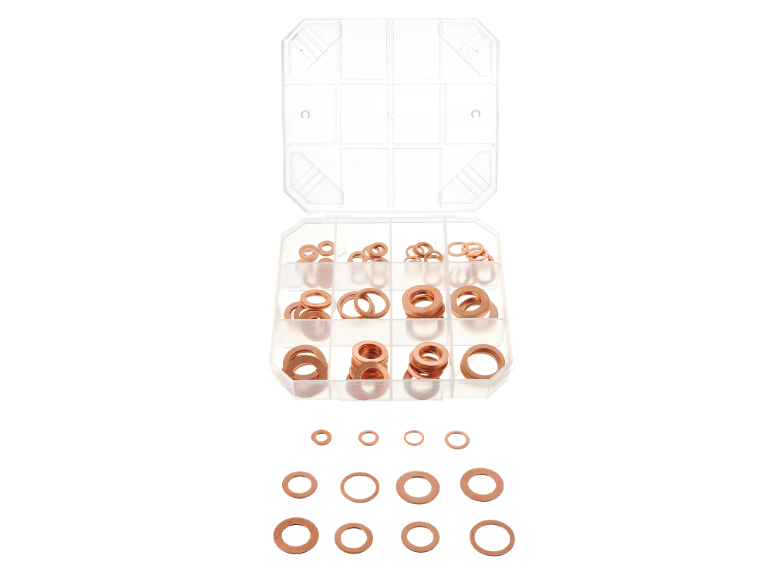 Assortment of copper washers in various sizes in a clear organizer.