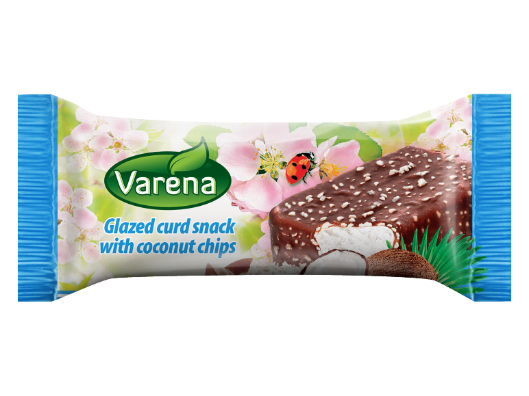 Glazed curd snack with coconut chips, featuring spring blossoms and a ladybug.