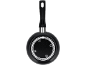 Black frying pan with a handle and symbols on the bottom.