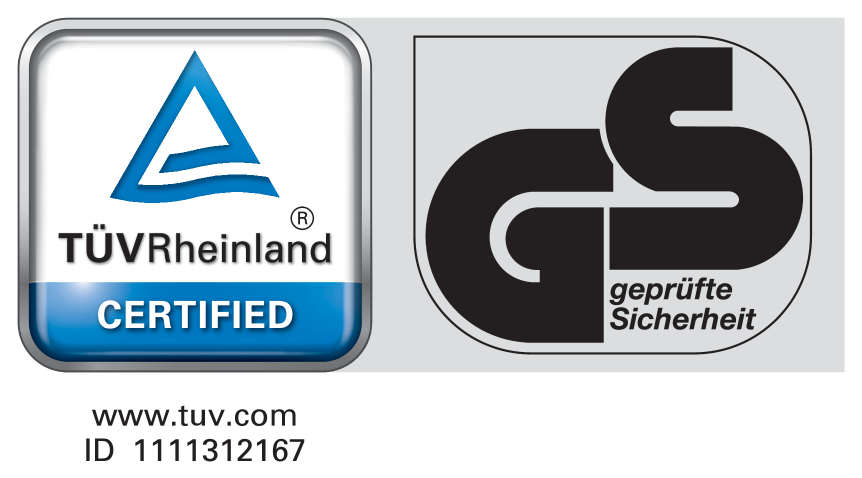 TÜV Rheinland and GS geprüfte Sicherheit certified seal, www.tuv.com ID 1111312167.