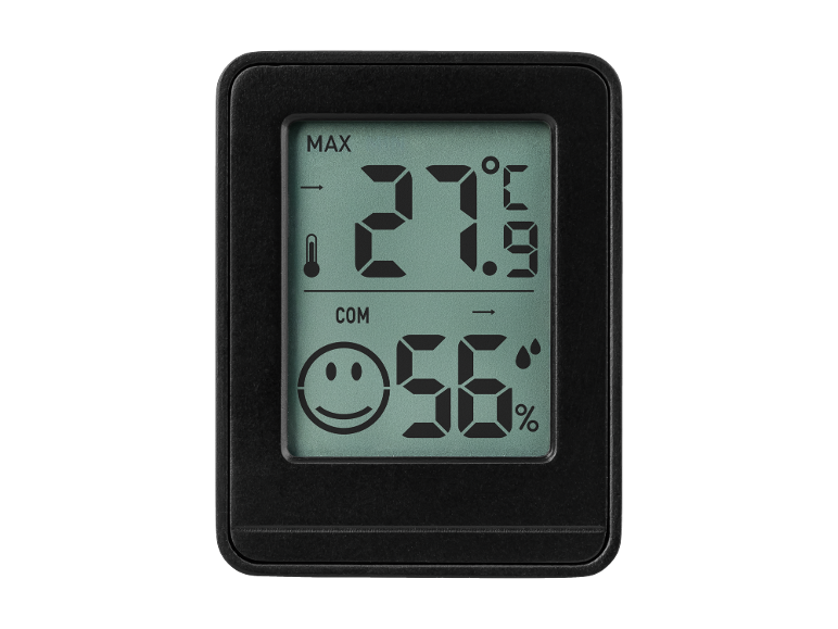 Black digital thermo-hygrometer with a display showing 27.9°C and 56% humidity.