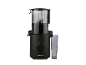 Black electric citrus juicer with a transparent container and a control knob