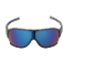 Sports sunglasses with blue mirrored lenses and a black frame.