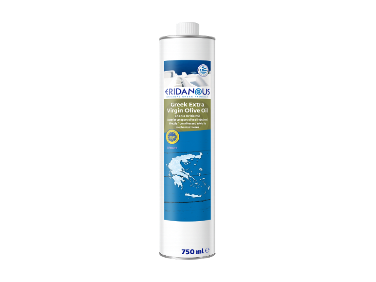 Greek Extra Virgin Olive Oil in a 750ml bottle, featuring a map of Greece.