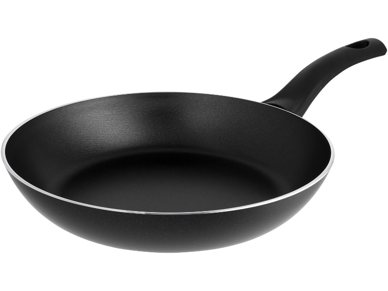 Black non-stick frying pan with a handle, viewed from above.