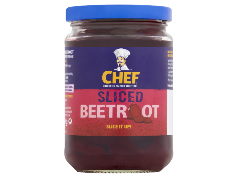 A jar of sliced beetroot in vinegar, with a blue lid and a red and blue label.