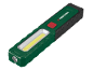 Green and black LED work light with a red button and a yellow light strip.