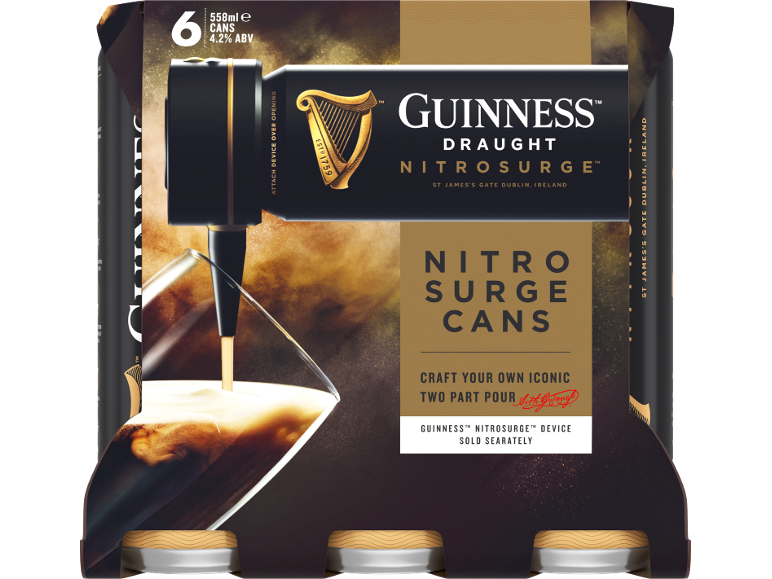 Six cans of stout with a pouring device, showing a two-part pour into a glass.