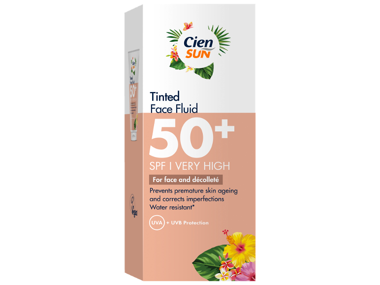 Tinted face fluid SPF 50+ very high protection, water resistant, with UVA + UVB protection.