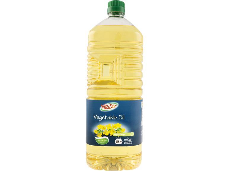 Bottle of vegetable oil with a blue label indicating it's made from rapeseed and high in Omega 3.