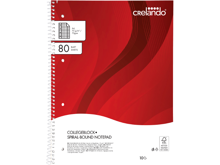A4 spiral-bound notepad with 80 squared sheets, 70 gsm.