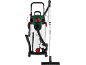 Wet and dry vacuum cleaner with stainless steel tank and accessories.