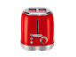 Red toaster with two slots, control buttons, and a browning dial.