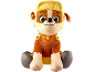 Sitting plush dog with a yellow hat and an orange suit