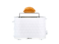 White toaster with a hexagonal pattern and a bread roll on the warming rack.