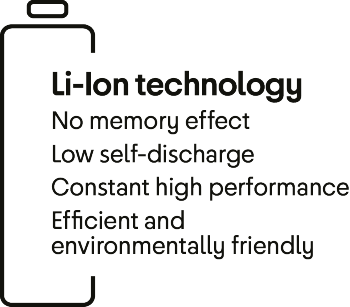 Li-ion technology: no memory effect, low self-discharge, constant high performance, efficient and environmentally friendly.