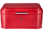 Red metal bread bin with a chrome handle and a decorative element.